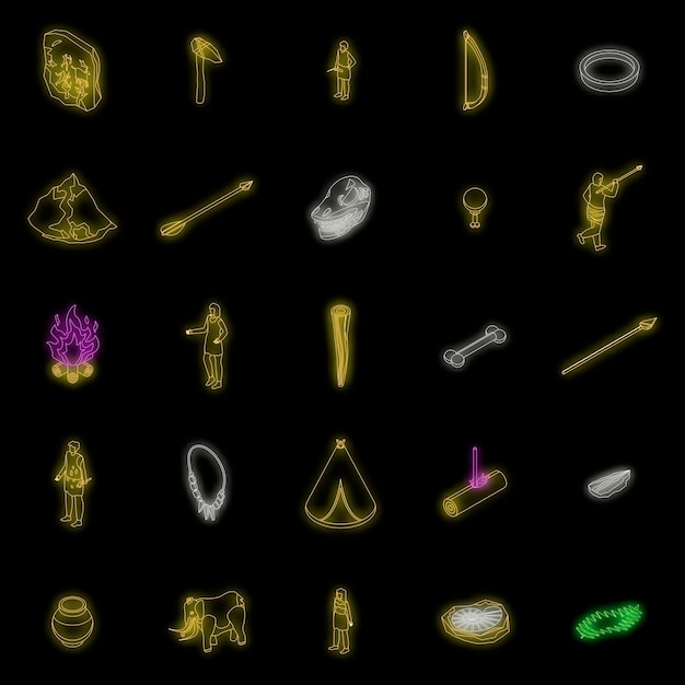 Vector stone age icons set vector neon