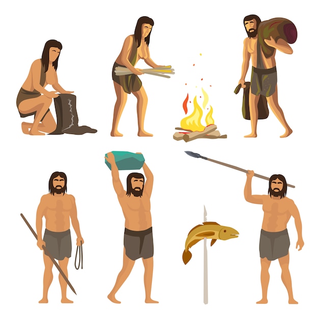 Stone age people with tools and fire