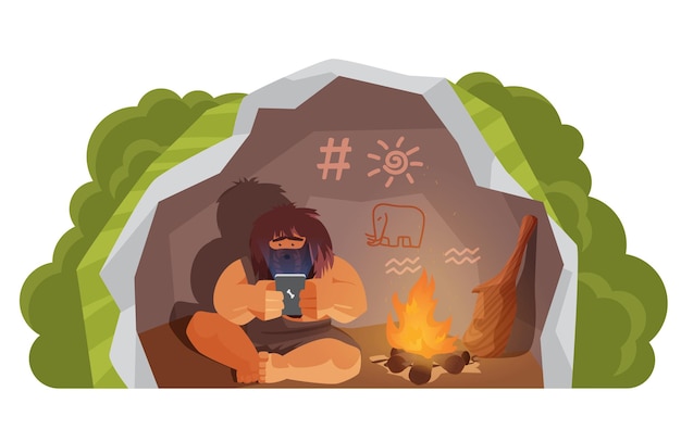 Vector stone age primitive man holding mobile phone modern technology sitting in rock cave