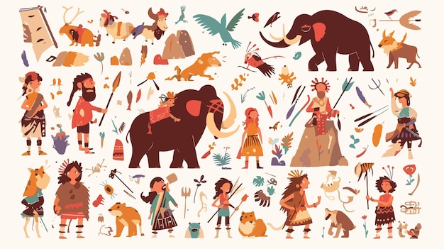 Vector stone age theme primitive people and children with mammoth