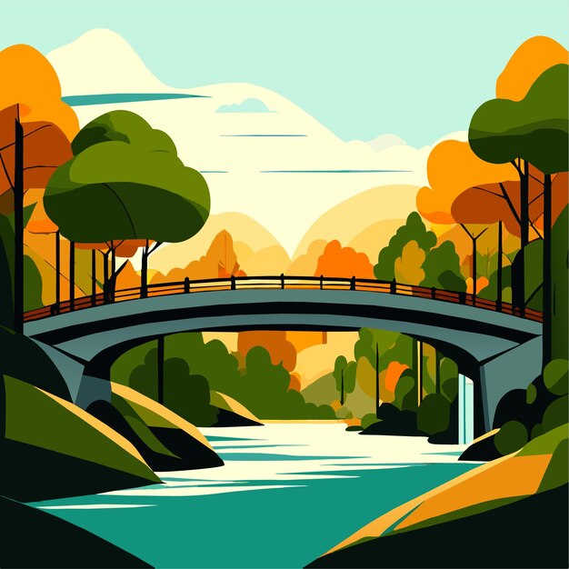 Vector stone bridge over river in the forest vector illustration in flat style