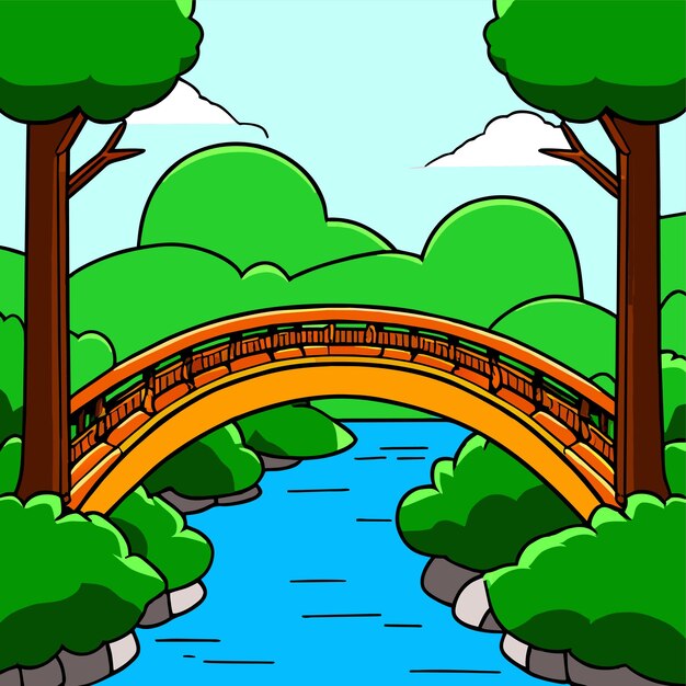 Vector stone bridge over river in the forest vector illustration in flat style