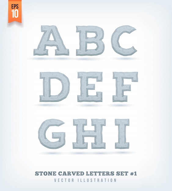 Stone carved letters, numbers and typeface symbols.  illustration.