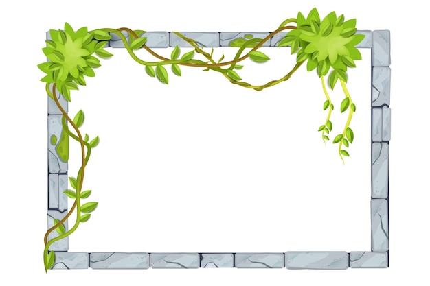 Stone jungle UI ancient gray isolatedgame frame vector rock border tropical leaf vine liana