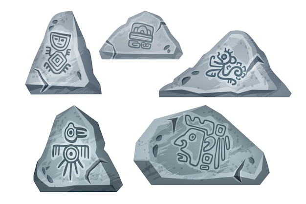 Stone rock vector cartoon set maya tribal symbol collection isolated on white nature game elements