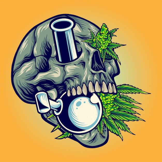 Stone skull with kush glass bong illustrations