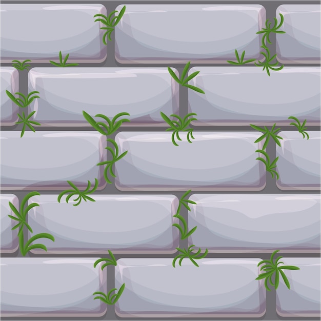 Stone wall from bricks, rock wall with grass game background in cartoon style,