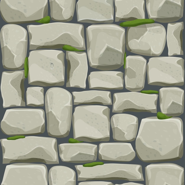 Stone wall from bricks rock with old moss game background in cartoon style