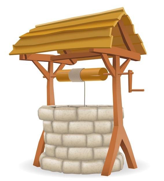 Stone water well with wooden roof vector illustration