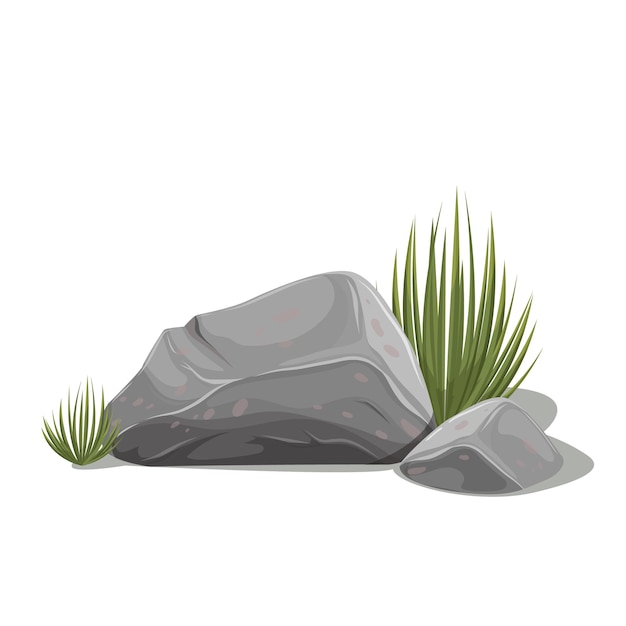 Stone with plant, boulders and grass vector illustration.