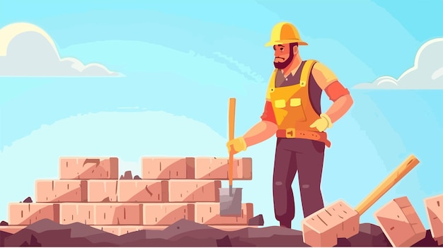 Stonemason Working with Bricks Concept Man in Uniform Constructing Wall Outdoors