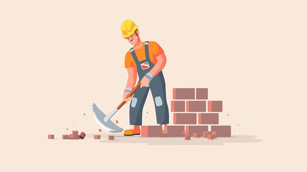 Vector stonemason working with bricks concept man in uniform constructing wall outdoors