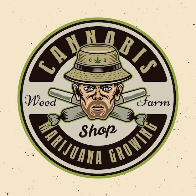 Stoner head in bucket hat and two crossed weed joints vector emblem badge label or logo Illustration in colorful style isolated on light background