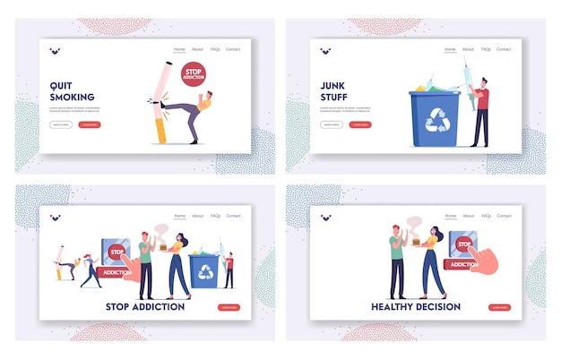 Stop Addiction Landing Page Template Set. Characters Give Up Smoking, Drugs and Unhealthy Eating. People Fight with Cigarettes Throw Out Syringe and Refuse to Eat Fastfood. Cartoon Vector Illustration