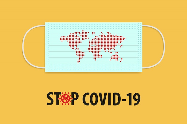 Stop Covid-19 Coronavirus concept. Medical mask with red dot inform world map.