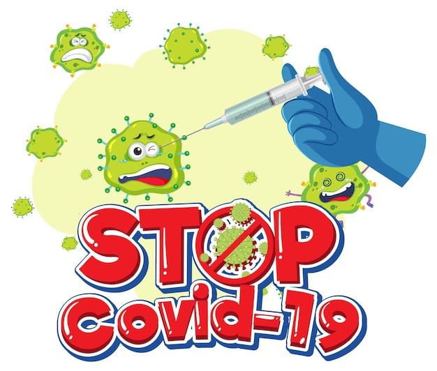 Stop Covid-19 logo or banner with covid-19 vaccine bottle and coronavirus sign