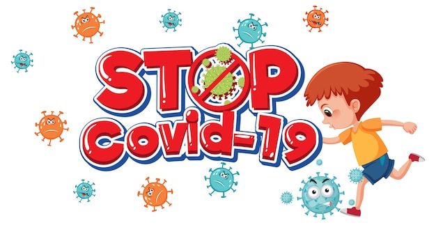 Stop Covid-19 logo or banner with kid cartoon character