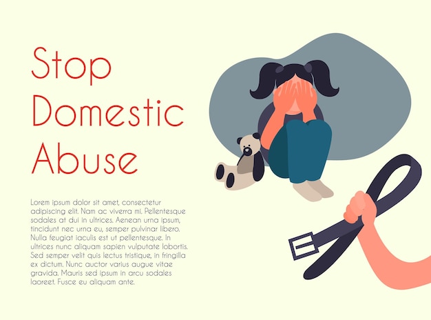 Vector stop domestic abuse. vector cartoon illustration. family violence and aggression concept. aggressive person swings a belt at a scared child. little girl crying covering her face.