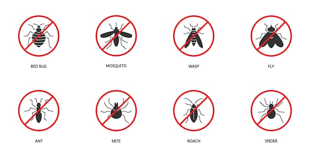 Stop insect icon set Pest Control icons set Pests silhouettes Bed bug mosquito wasp fly ant mite roach and spider symbols Flat vector illustration