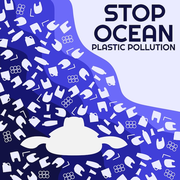 Stop ocean plastic pollution poster design template Layered paper cut underwater background vector