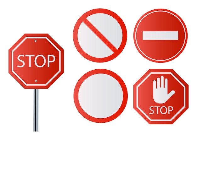 Stop signs collection in red and white traffic sign to notify drivers and provide safe and orderly street operation