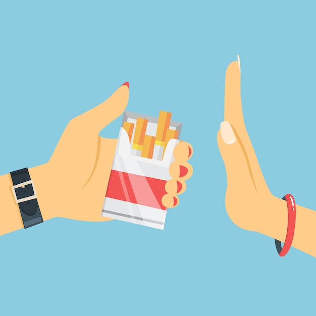 Stop smoking concept. Woman hand refuse cigarette from the box. Quit bad habit and reject tobacco offer.   illustration