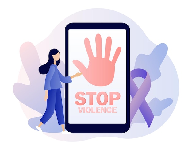 Vector stop violence text on screen smartphone purple ribbon as symbol domestic violence international