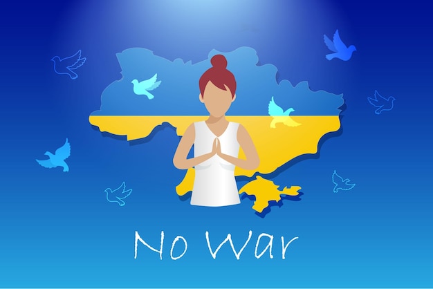 Stop war pray for Ukraine concept Woman praying with Ukraine map and flying pigeon