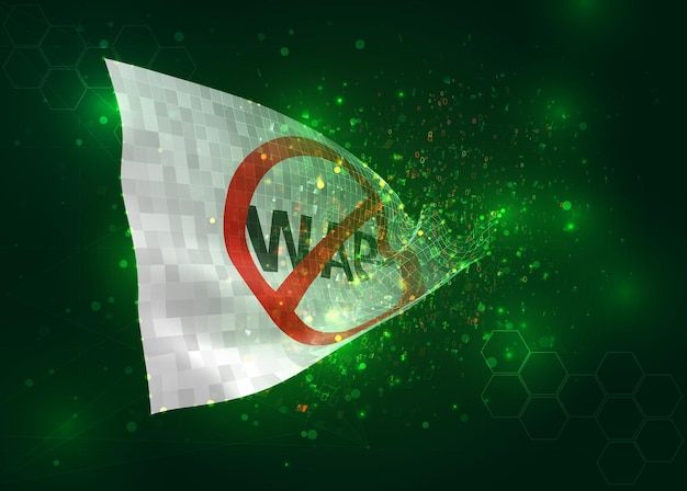 Stop war on vector 3d flag on green background with polygons and data numbers