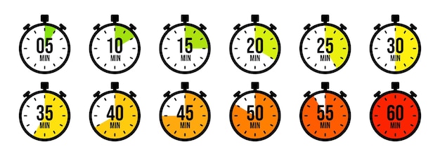 Stopwatch icons Colorful simple chronometer time counter with dial Countdown timer showing hours and minutes Deadline measurement for sport Cooking time label sticker Vector illustration