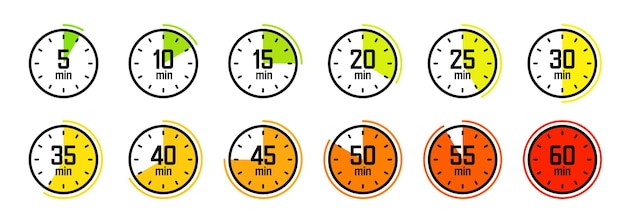 Stopwatch icons Colorful simple chronometer time counter with dial Countdown timer showing hours and minutes Deadline measurement for sport Cooking time label sticker Vector illustration