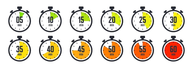 Vector stopwatch icons colorful simple chronometer time counter with dial countdown timer showing hours and