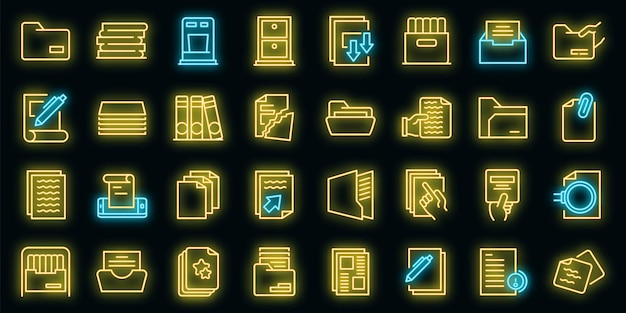 Storage of documents icons set. Outline set of storage of documents vector icons neon color on black