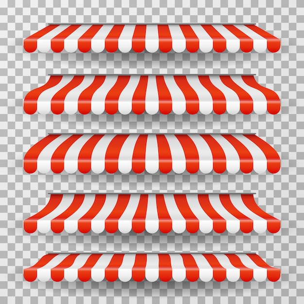 Store awning. Grocery market striped roofs. Red and white shop canopy. Restaurant window tent isolated set