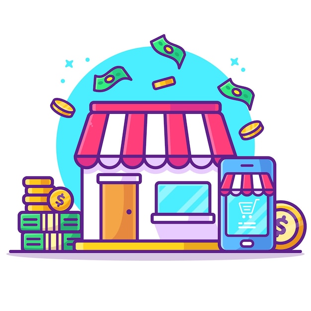 Store Building with Phone Money and Coins illustration