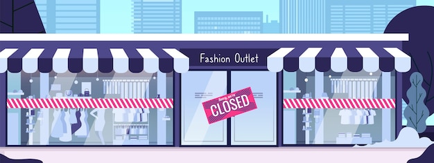 Store closed. Financial crisis, pandemic bankruptcy or troubles in business. Fashion store building on street, modern city landscape vector illustration. Business bankruptcy and close signboard