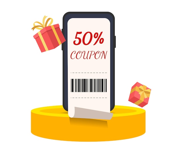 store issues a 50 percent discount coupon for a yearend gift illustration set shopping present icon