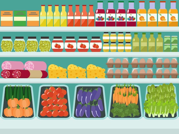 Store shelves with groceries food and drinks