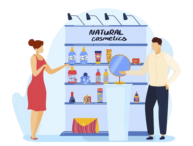 Store with beauty product natural cosmetic vector illustration woman character at makeup shop flat man sell cosmetic for body care