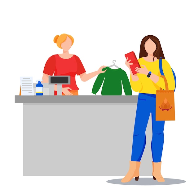 Store with customer buying a jumper and cashier Shopping concept illustration Woman paying cash