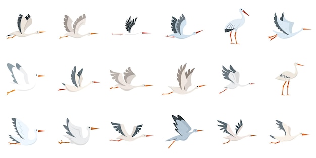 Stork icons set flat vector Bird fly