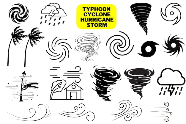 Vector storm hurricane typhoon vector illustration black and white palm trees tornadoes clouds