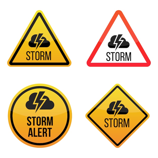 Storm weather alert. Warning signs labels. Yellow and red. Isolated on white background.  