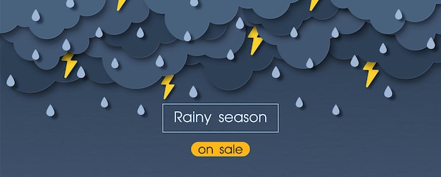 Vector storms and rainy weather in paper cut style with on sale yellow banner and rainy season lettering