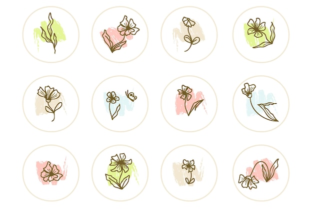 Story highlight icons set of doodle elements with flower and leaf Logo design for floral shop eco product Hand drawn vector illustration