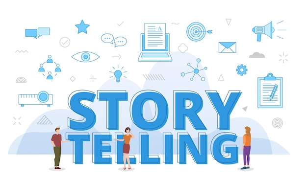 Story telling concept with big words and people surrounded by related icon spreading with modern blue color style