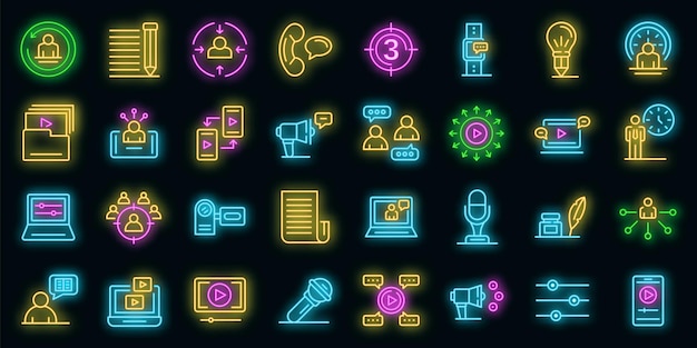 Storyteller icons set. Outline set of storyteller vector icons neon color on black