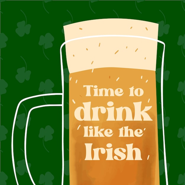 StPatrick s day greeting card design with stylized illustration mug of beer on green background