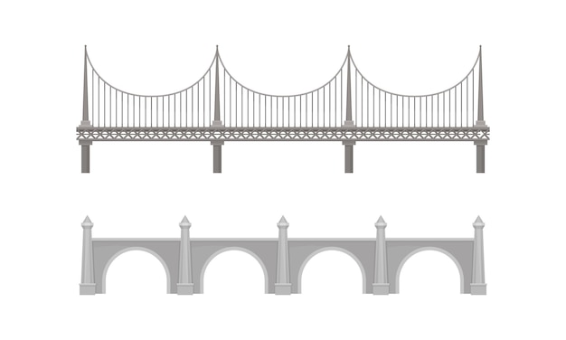 Straight bridges made of metal and concrete with baluster vector set