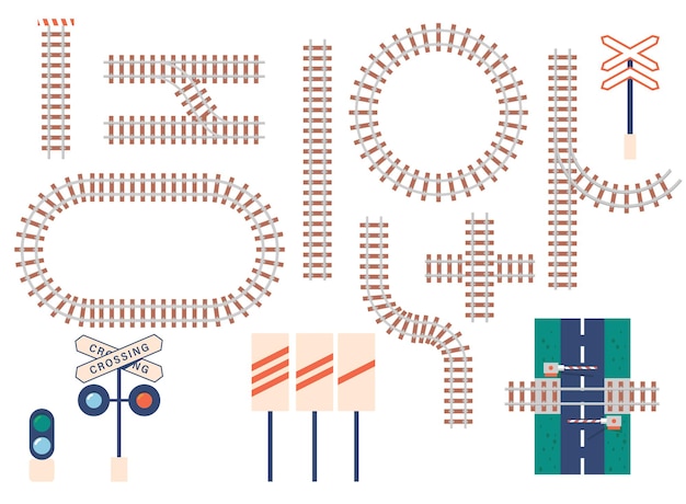 Straight and Curved Railroad Tracks, Barrier, Traffic Light and Signs Icons. Transportation Rail Curve, Round, Crossed and Straight Road Lines Isolated on White Background. Cartoon Vector Icons Set